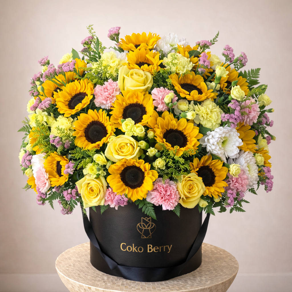 Caja de flores con girasoles y rosas