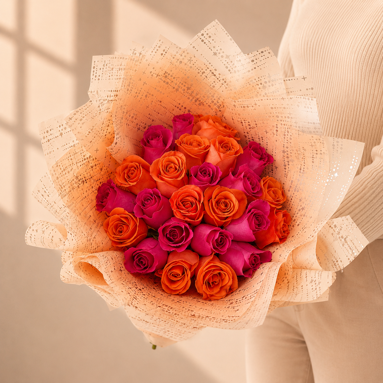 Ramo Buchon 25 Hot Pink and Orange roses