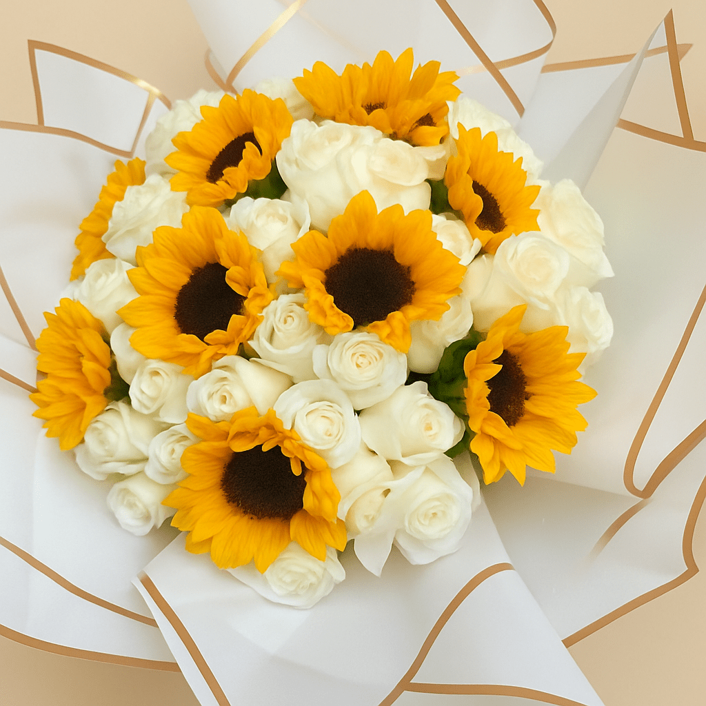 Ramo Buchon roses and sunflowers