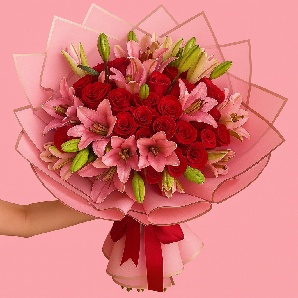 Ramo Buchon Red roses and Lilies