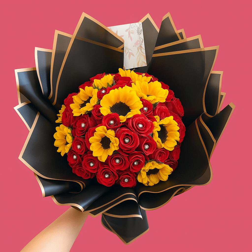 Ramo Buchon Red roses and sunflowers