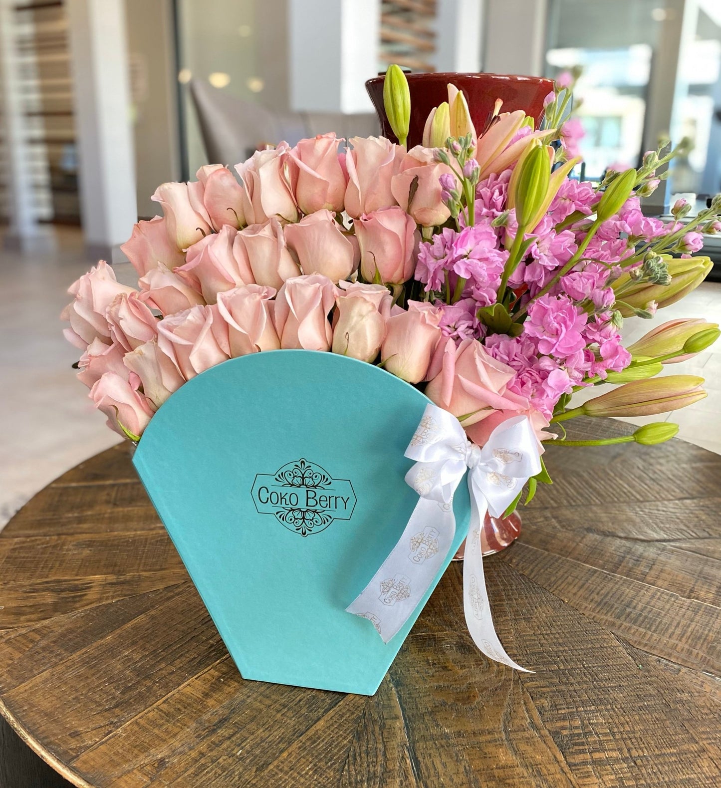 Roses, Lilies And Stock Sunrise Box