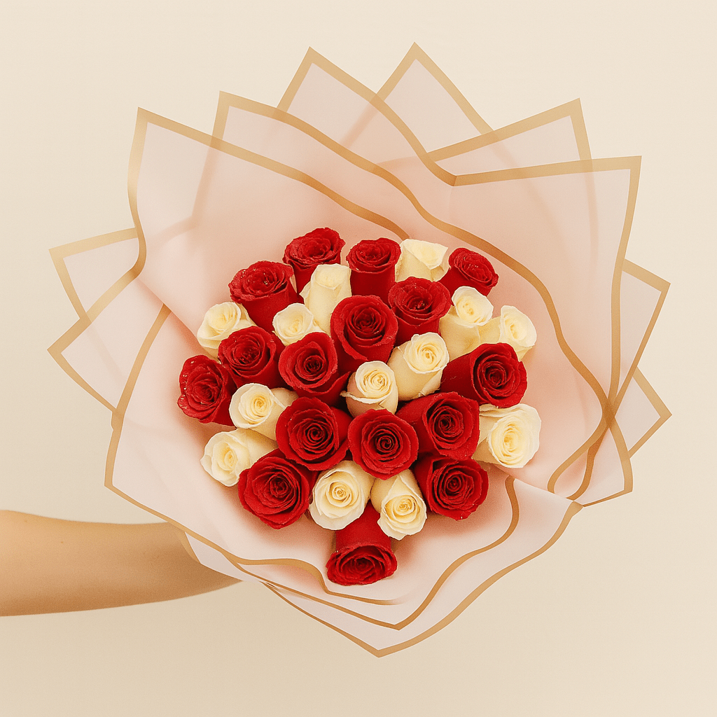 Ramo Buchon 25 Red and White Roses