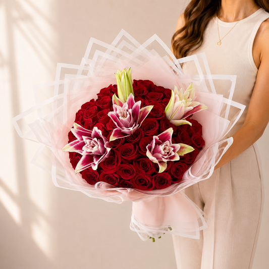 Ramo Buchon Red roses and Lilies