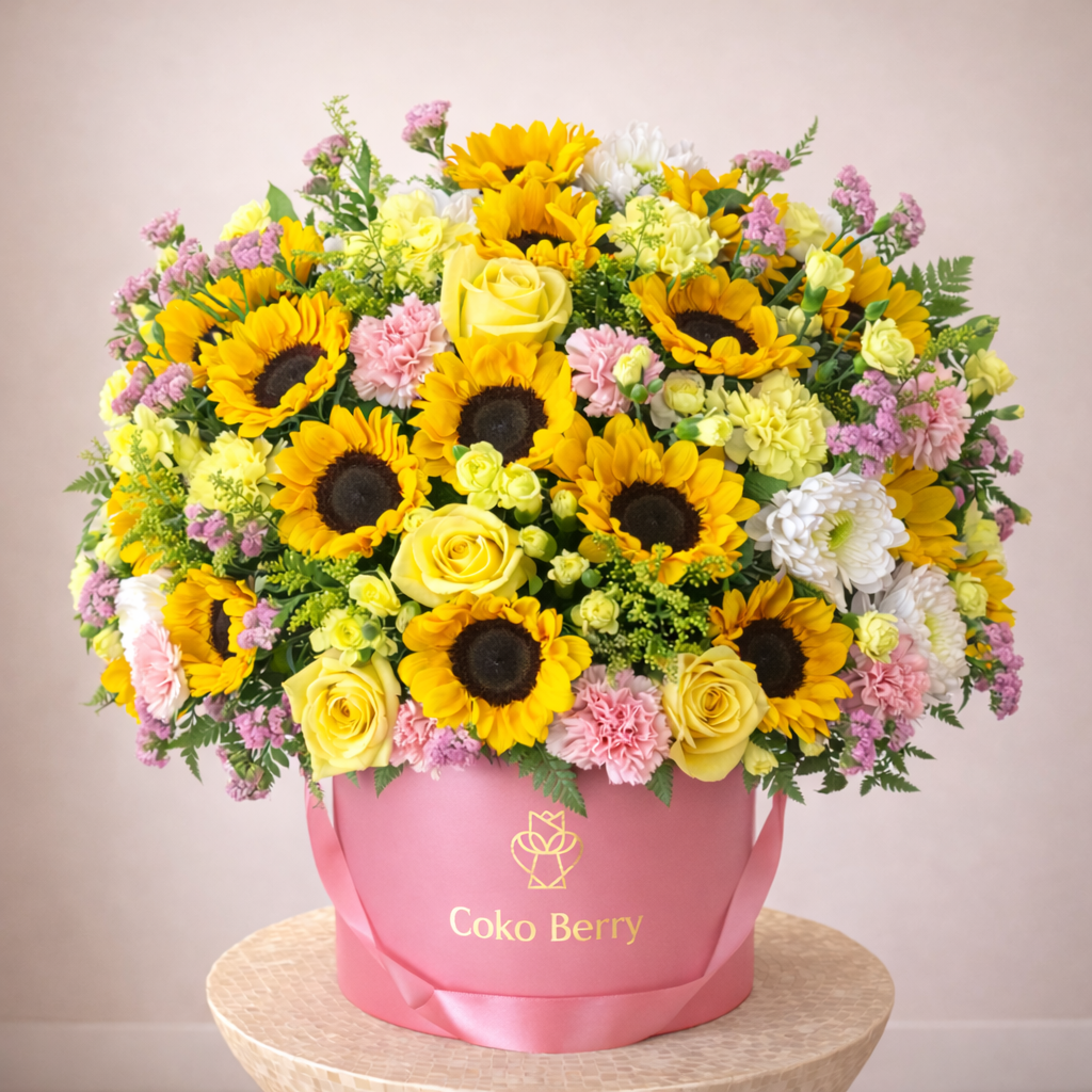 Caja de flores con girasoles y rosas