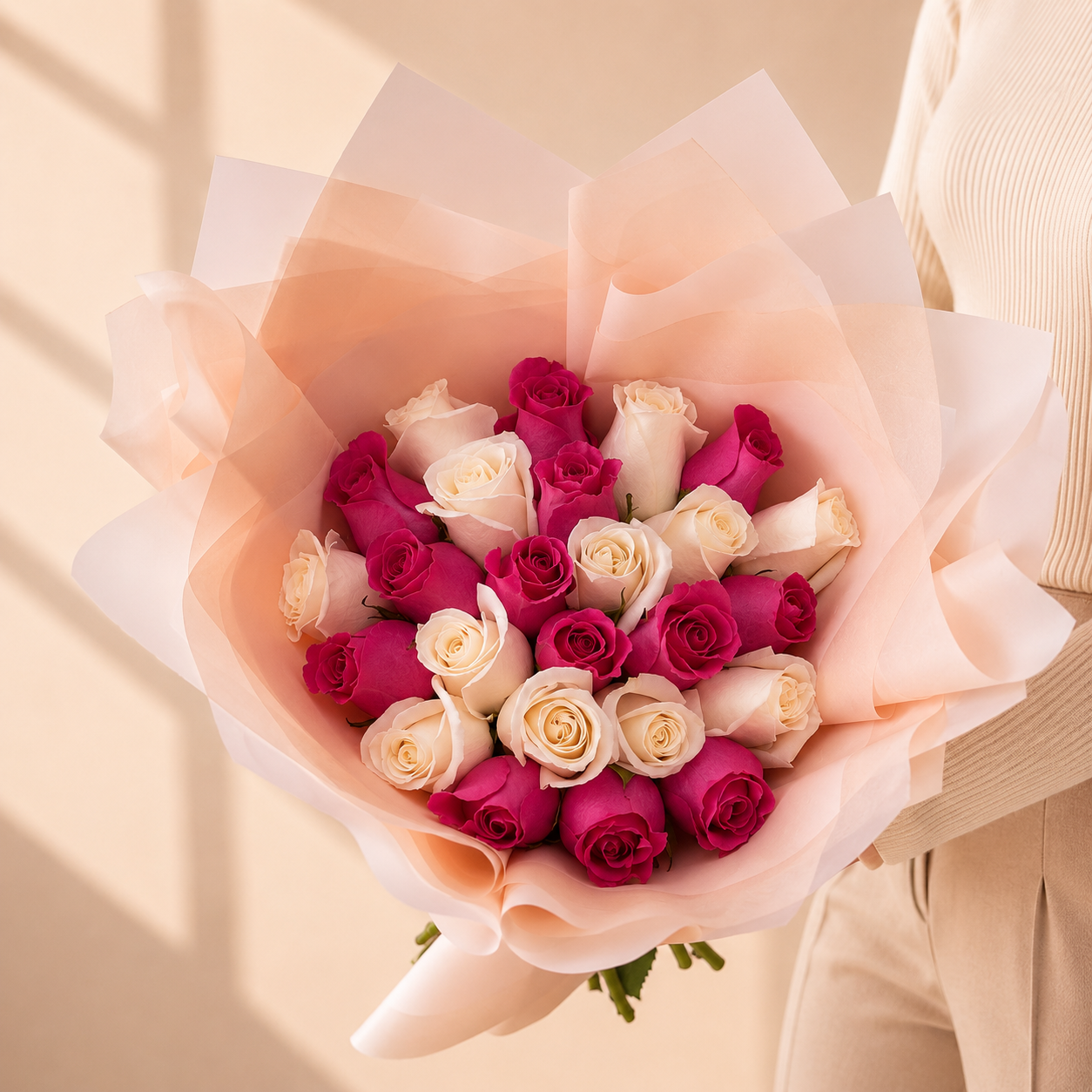 Ramo Buchon 25 White and Hot pink roses