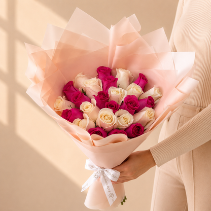 Ramo Buchon 25 White and Hot pink roses