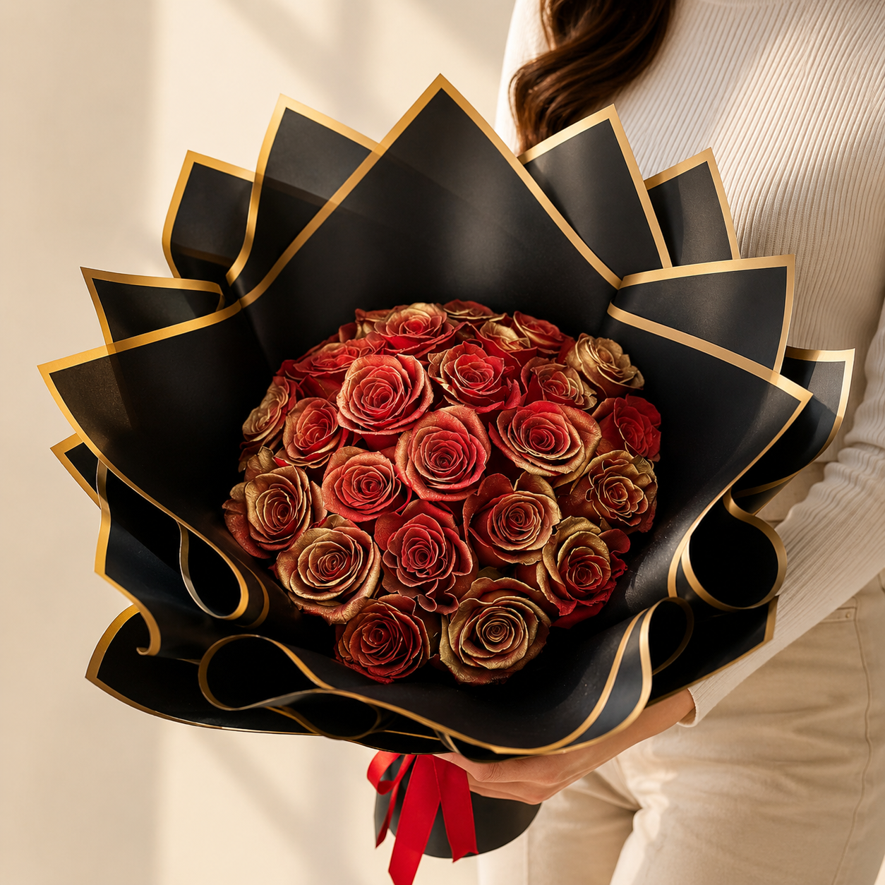 Ramo Buchon red roses Gold Dipped