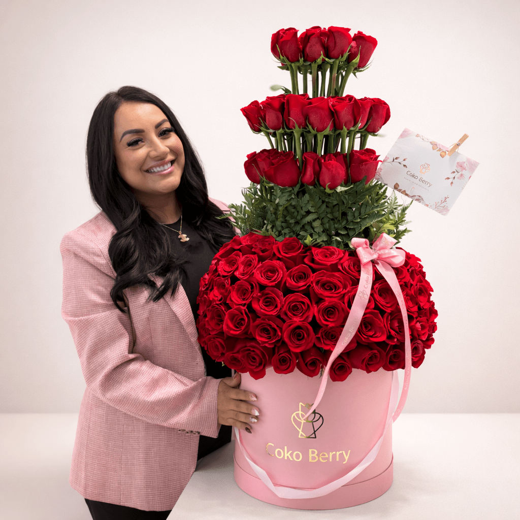 Love Tower Roses Luxury Box Arrangement Dallas TX - Coko Berry Flowers