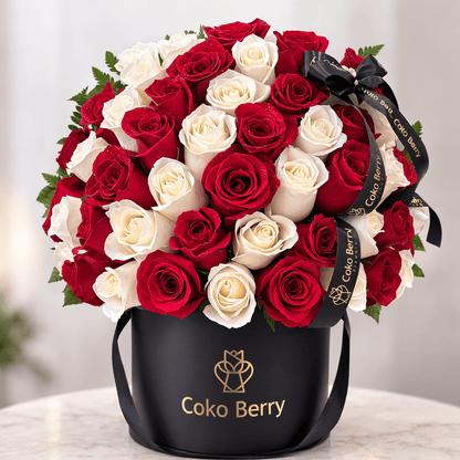 White and Red Roses Dome Box 50 Roses Dallas TX - Coko Berry Flowers