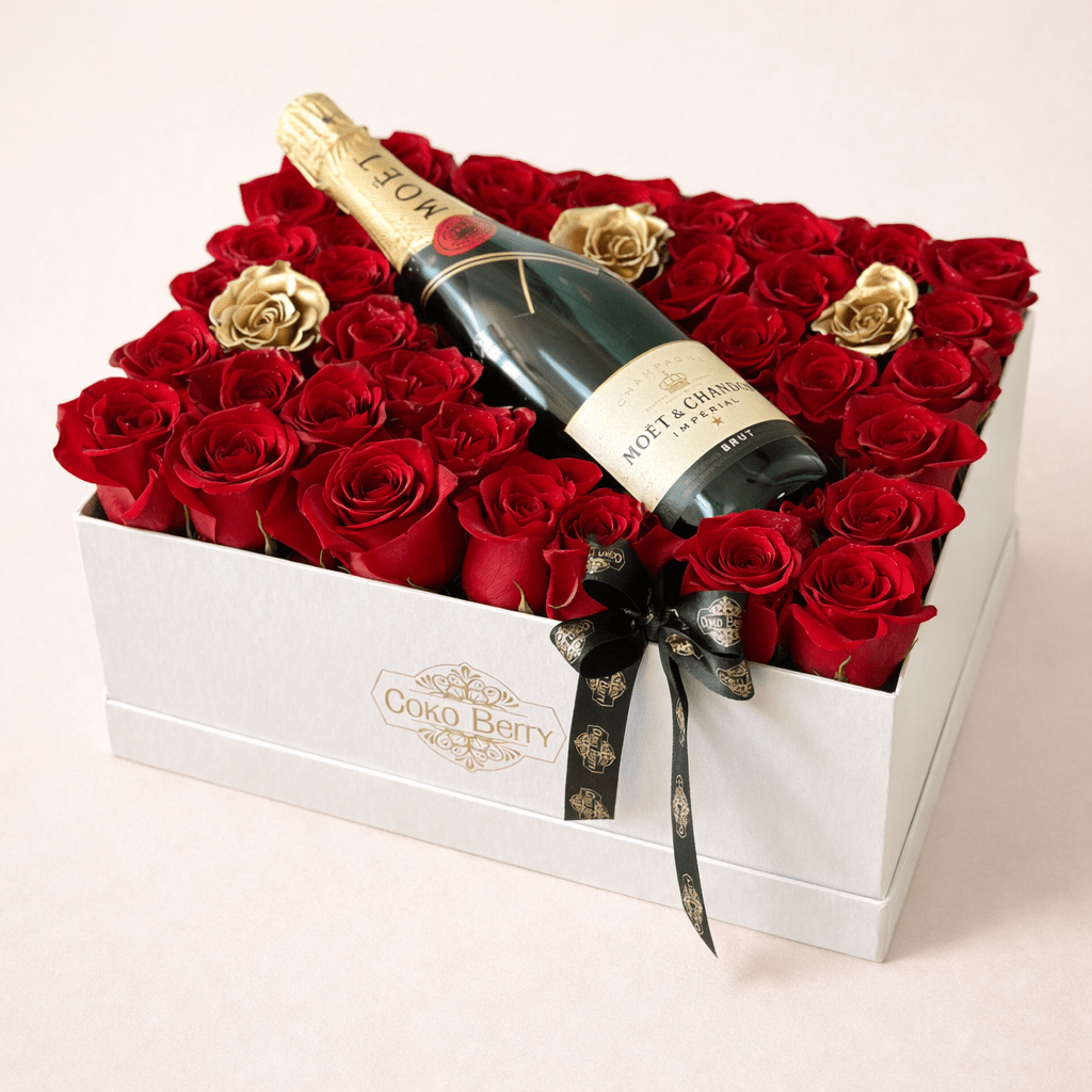Moet and Roses Box Champagne Luxury Gift Dallas TX - Coko Berry Flowers
