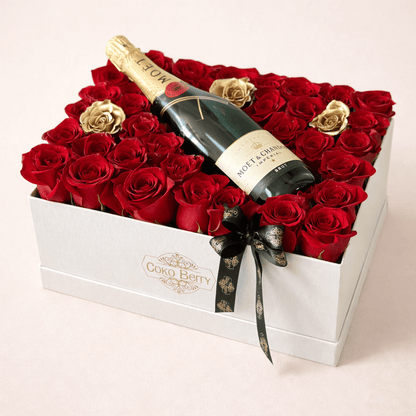 Moet and Roses Box Champagne Luxury Gift Dallas TX - Coko Berry Flowers