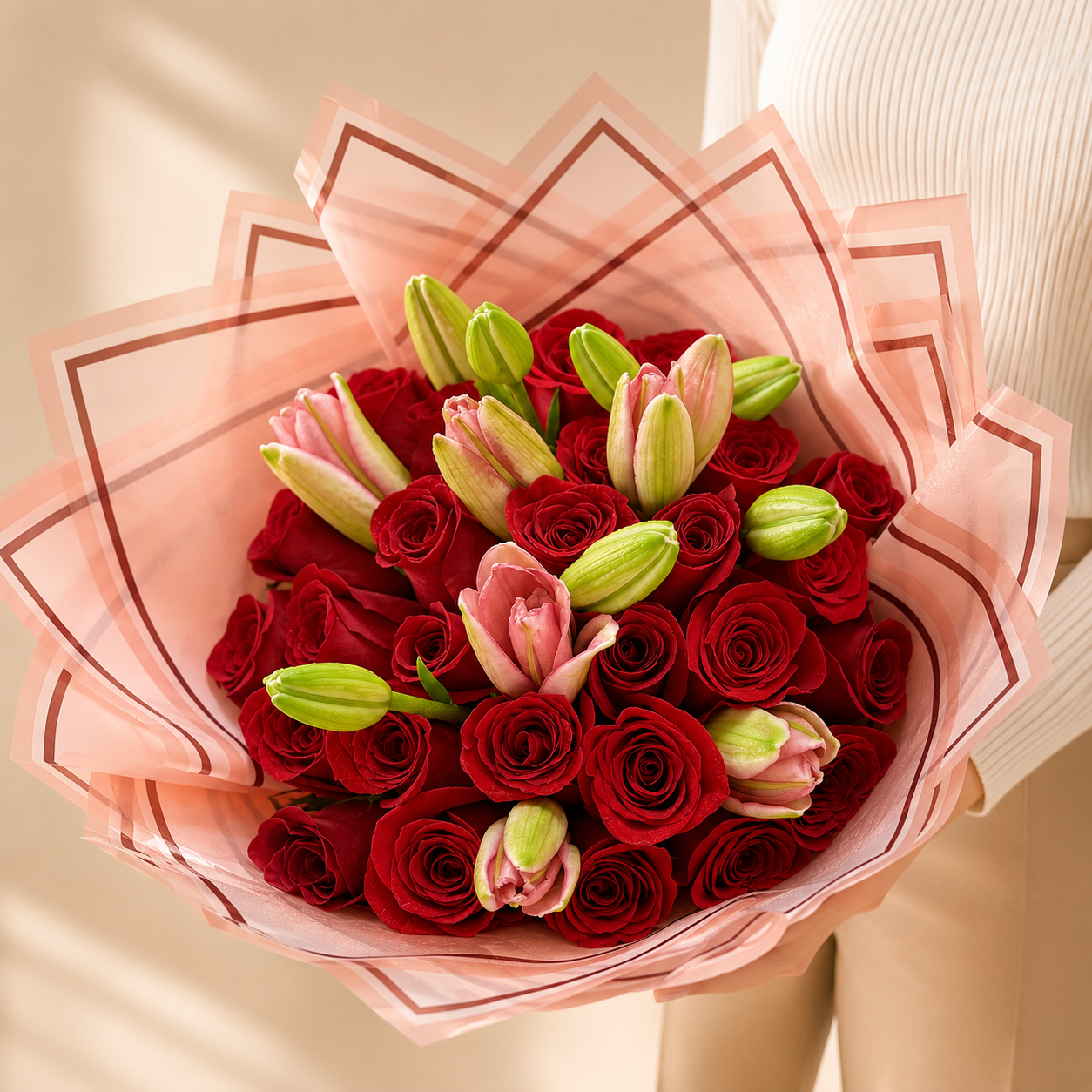Ramo Buchon Red roses and Lilies