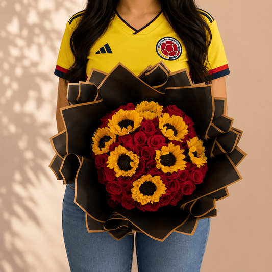 Ramo Buchon Red roses and sunflowers