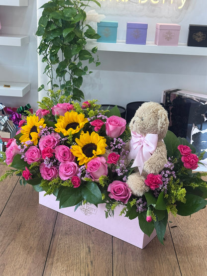Teddy Bear roses and sunflowers