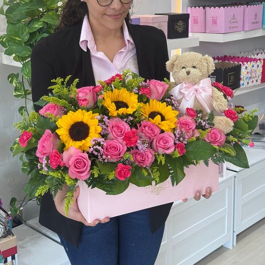 Teddy Bear roses and sunflowers