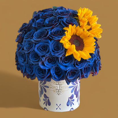 Blue Roses and Sunflowers in a Box