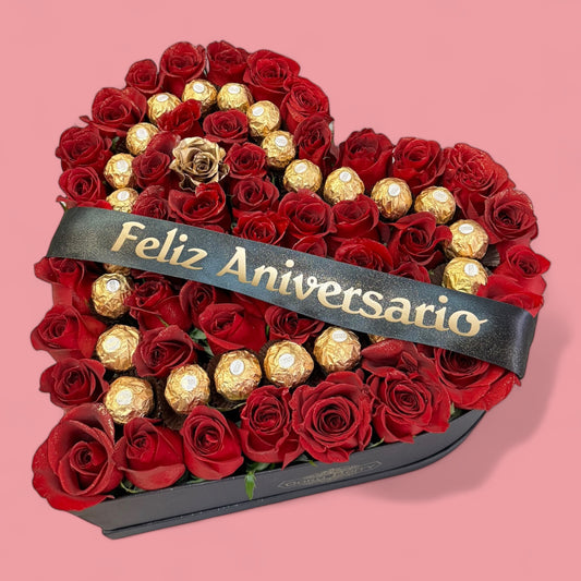 Sweet Special Anniversary Red Roses And Chocolates Heart Box