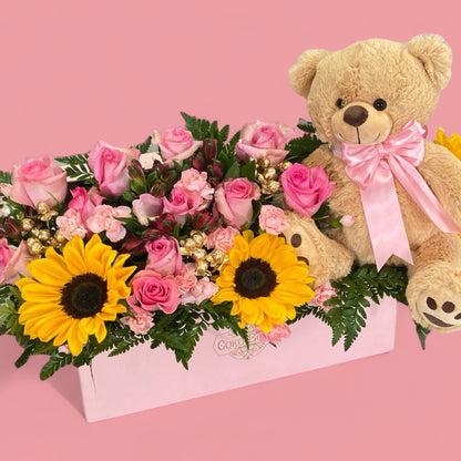 Teddy Bear roses and sunflowers