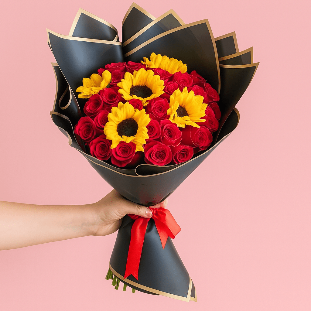 Ramo Buchon Red roses and sunflowers